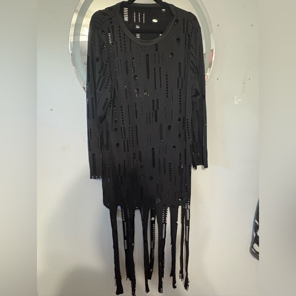 SHEIN Black Distressed Cutout Fringe Long-Sleeve Dress